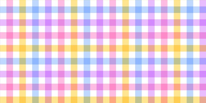 Rainbow pastel gingham pattern background. Seamless plaid texture with soft purple, pink, blue, and yellow overlapping stripes. Clean geometric aesthetic for spring and summer designs.