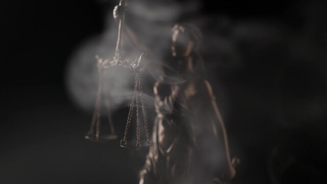 Thick white fog swirls around a blurred bronze figure before the lens shifts focus to sharpen the details of the hanging scales of justice.
