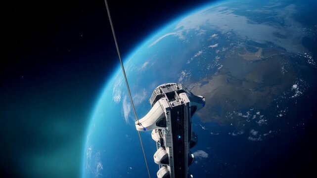 Slow motion of a space elevator climbing a carbon-nanotube cable, looking down at the curvature of the blue Earth and the thin atmosphere.