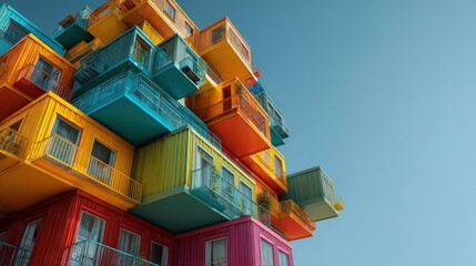Colorful stacked containers architecture against a clear blue sky