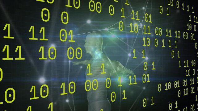 Animation of connections and binary code over human model on black background