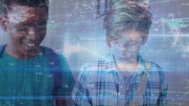 Animation of data processing over happy diverse boys at school
