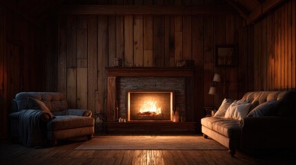 Cozy living room interior with a fireplace and two comfortable sofas