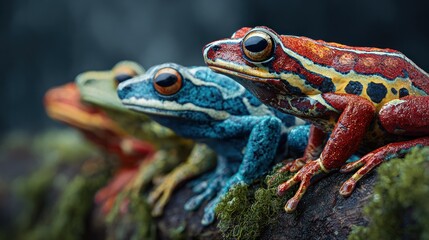 Colorful frogs lined up together on a mossy branch close up macro view