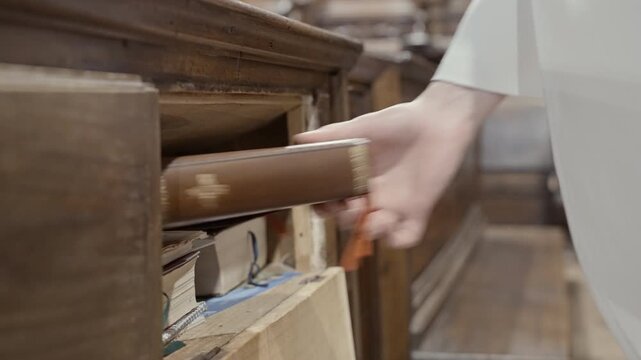 Monk Hand Opening Drawer to Take Prayer Book Inside Church Pew
