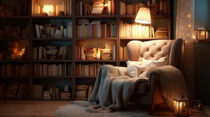 Cozy reading nook with armchair and bookshelf lit by warm lamp light