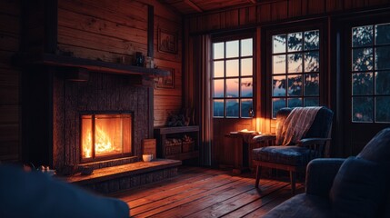 Cozy interior scene featuring fireplace armchairs windows and warm lighting