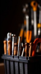 toolbox. Household toolbox in focus with blurred professional instruments behind. safety posters, maintenance manuals, designed for industrial assembly lines and welding operations.
