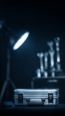 toolbox. Household toolbox in focus with blurred professional instruments behind. safety posters, maintenance manuals, designed for industrial assembly lines and welding operations.
