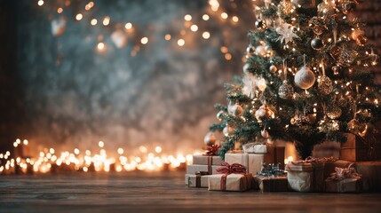 Decorated christmas tree with gifts and blurred lights holiday background