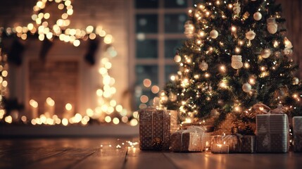 Decorated christmas tree with gifts and festive lights in warm interior