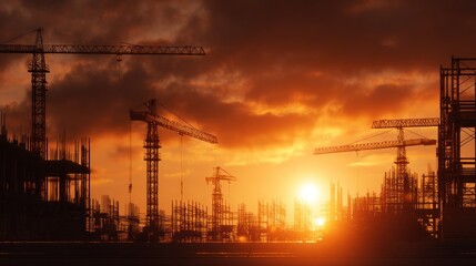 Construction site silhouette at sunset with cranes and building structures