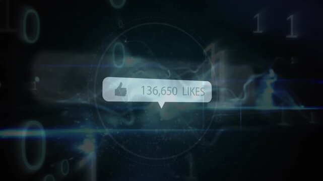 Animation of live count of likes with thumbs up in circle with binary codes