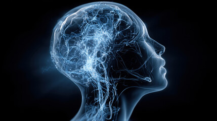 Human head brain neuron neural network electricity technology anatomy connection in blue glow transparent profile showing synapse pathway futuristic neuroscience concept focused mood
