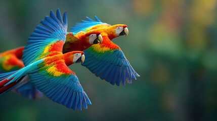 Colorful macaws soar through the air displaying vibrant plumage against a blurred background