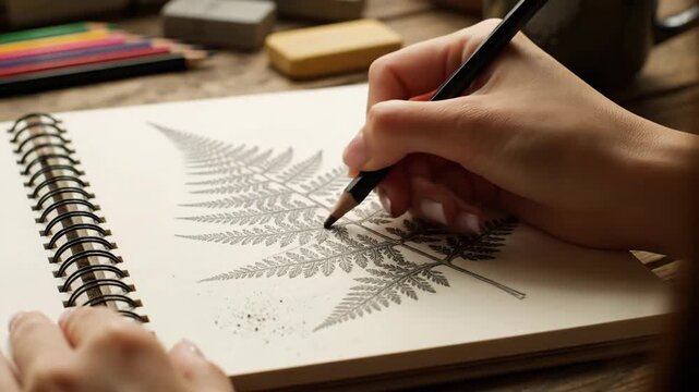 Hands draw a fern on a sketchbook with a pencil on a rustic wooden desk with pencils and erasers