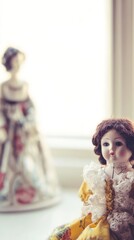 doll. A vintage cracked porcelain doll beside a pristine doll in soft window light. wellbeing guides, coaching materials, designed for coaching and self-improvement content, clarifies learning.
