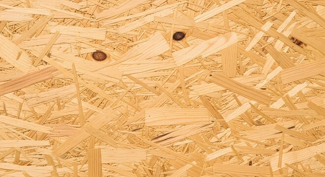A closeup view of a wooden oriented strand board osb texture with visible wood strands and nails