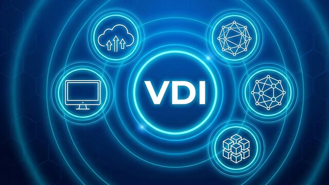 VDI acronym, virtual desktop infrastructure concept, software that provides and manages virtual desktops hosted on premises or in the cloud. ai