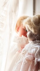 doll. A vintage cracked porcelain doll beside a pristine doll in soft window light. wellbeing guides, coaching materials, designed for coaching and self-improvement content, clarifies learning.
