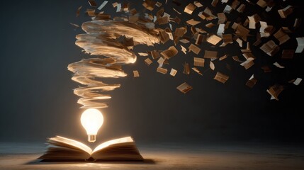 Conceptual image of open book with light bulb and flying pages for education