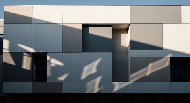 Abstract geometric facade of a modern building with sunlight and shadows Keywords: building