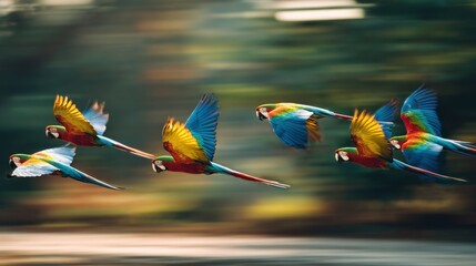 Colorful macaws in flight dynamic wildlife scene with blurry background
