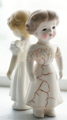 doll. A vintage cracked porcelain doll beside a pristine doll in soft window light. wellbeing guides, coaching materials, designed for coaching and self-improvement content, clarifies learning.
