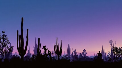Desert landscape silhouette with cacti and plants under a vibrant sunset sky