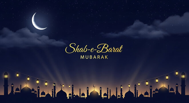 Shab e Barat Mubarak Greeting with Crescent Moon Stars and Dark Blue Night Sky