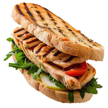 Grilled chicken sandwich with fresh vegetables isolated on white background
