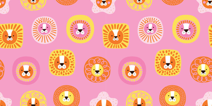 Seamless cartoon lion head or face pattern. Childish animals texture. Vector illustration. Pink color, girl surface pattern. Cute funny doodle jungle animals.