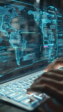 Top-down close-up hands typing sleek modern keyboard, multiple semi-transparent virtual screens floating graphs, code, emails data analytics neon ripple effects key press, cinematic lighting motion