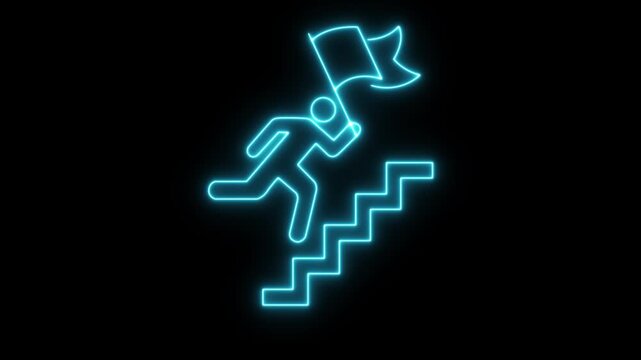 Animated neon icon of a running man with a flag climbing upward arrows. Represents business progress, goal achievement, and a journey to success. Success Path Concept, Video, Neon Goal Achievement,4k