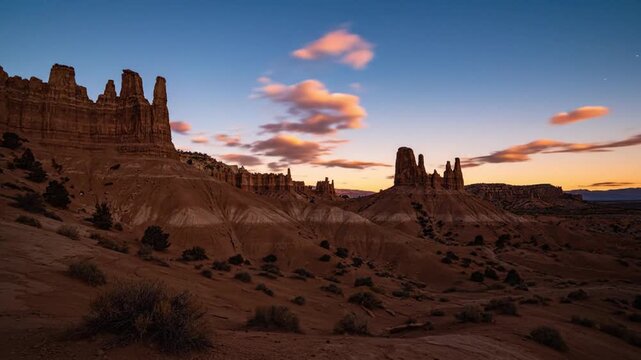 Panoramic desert landscape with hoodoos during sunset and starry night