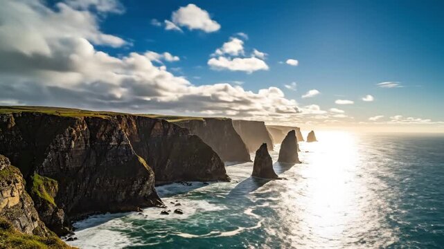 Panoramic view of moher cliffs at sunset with ocean waves crashing against rocks