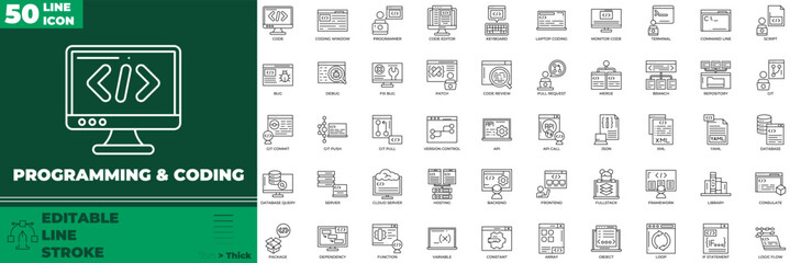 Programming And Coding Line Editable Icons set