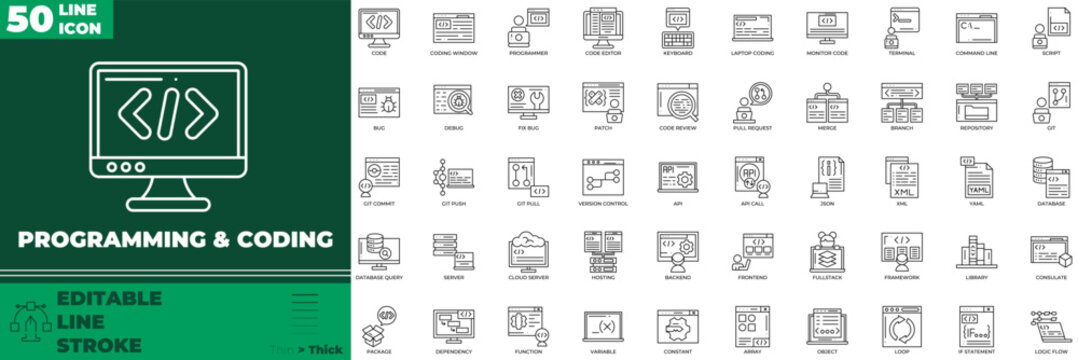 Programming And Coding Line Editable Icons set