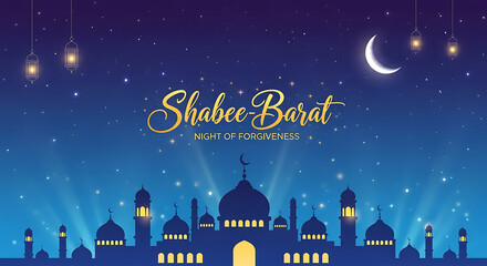 Shab-e-Barat Night Sky with Glowing Mosque and Moon Typography.