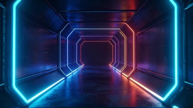 Neon octagonal tunnel with pink blue lights and futuristic perspective