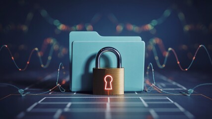 Secure data storage with locked folder and glowing red padlock