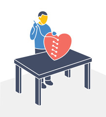 A geometric character sewing a red heart-shaped pillow. Concept of repairing love, handmade crafts, or relationship therapy in abstract style.