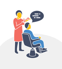 Quirky illustration of a hairdresser cutting hair with scissors. Concept of beauty salon, grooming, and style transformation in distorted vector art.