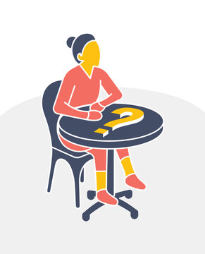 Abstract illustration of a woman in a coffee shop with a question mark on the table. Concept of confusion, waiting for a date, or uncertainty.