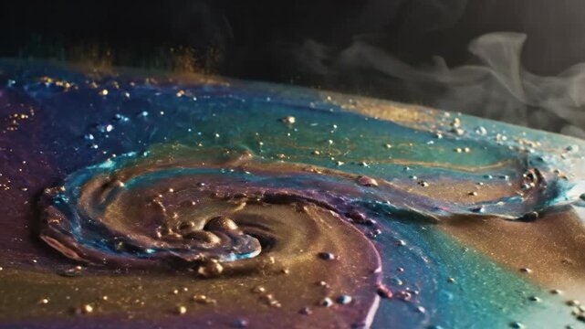 Iridescent swirl with rainbow colors and dark background, small bumps dot the surface