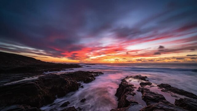 Triptych of serene ocean sunset with vibrant colorful sky and rocky shoreline