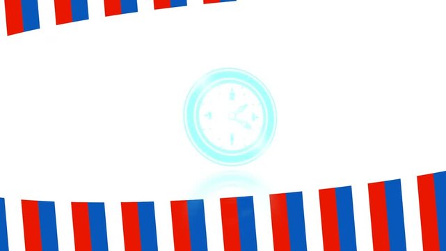Animation of neon ticking clock icon against american flag design on white background