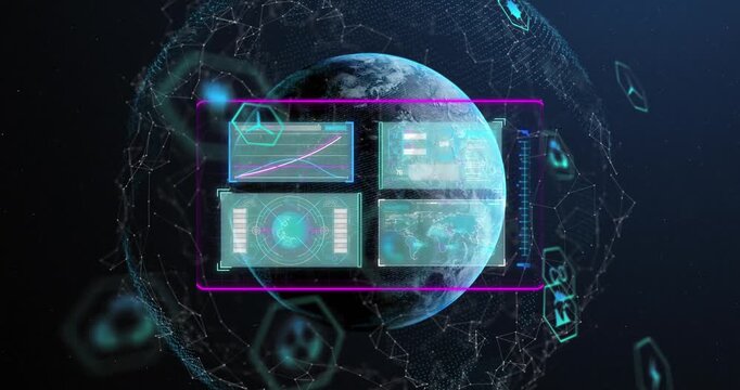 Animation of ecology icons and data processing over globe