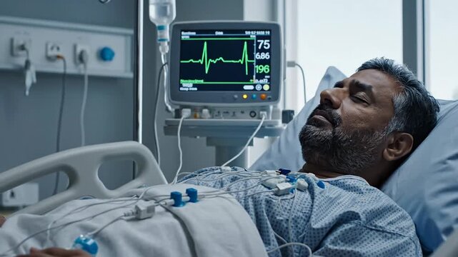 Ill man lies in a hospital bed, hooked to monitors, showing vital signs, with IV fluids dripping