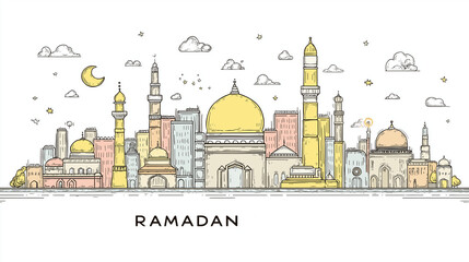Ramadan Skyline: A vibrant illustration showcasing the city, incorporating elements of the culture and faith celebrated during the holy month.